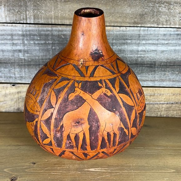 Hand Carved Gourd Bottle Vase Decor Tribal Style African Kenya Rustic Folk Art